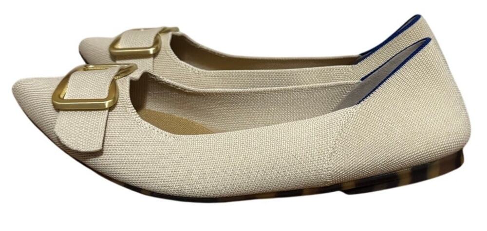 Rothy's The Emblem Point II Pointed Toe Flats Conch Knit Gold Buckle Size 12